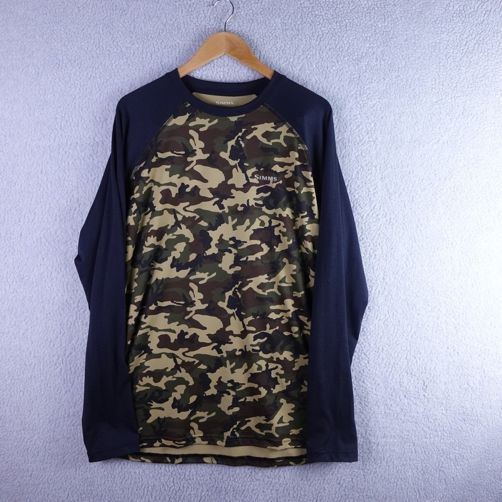 Simms Mens XL Long Sleeve Camo Fishing Performance Shirt Blue Raglan